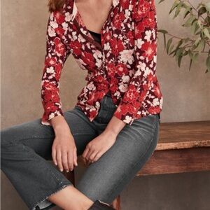Garnet Hill Red Floral 100% merino wool cardigan sweater small